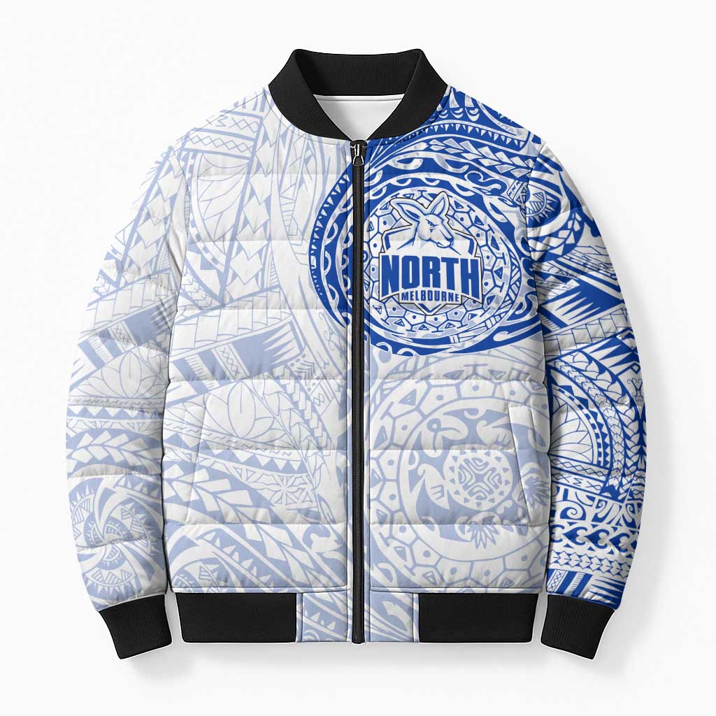Personalized North Melbourne Kangaroos Polynesian Bomber Puffer Jacket Tribal Chest and Sleeve Tattoo Heritage Warrior