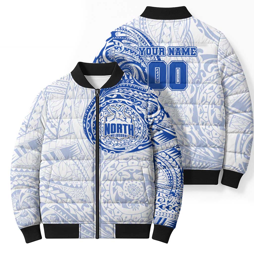 Personalized North Melbourne Kangaroos Polynesian Bomber Puffer Jacket Tribal Chest and Sleeve Tattoo Heritage Warrior