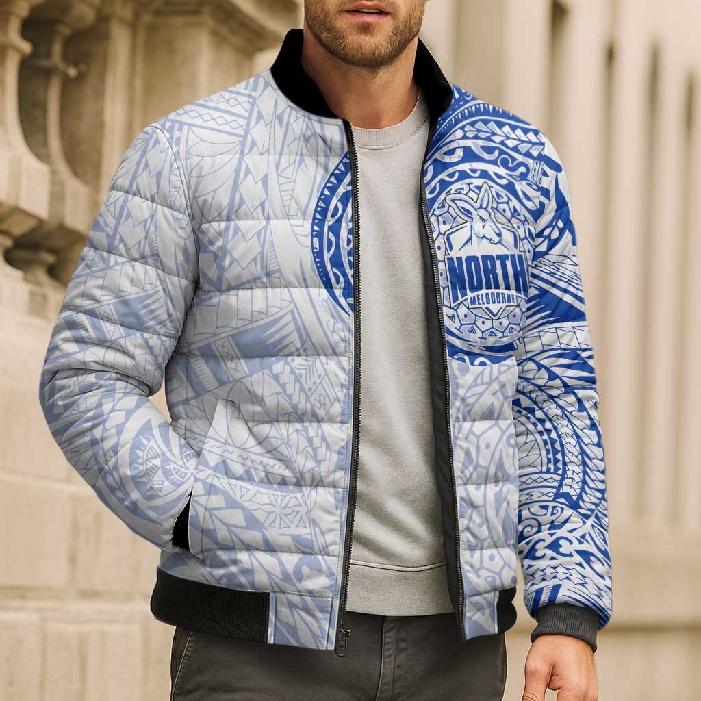 Personalized North Melbourne Kangaroos Polynesian Bomber Puffer Jacket Tribal Chest and Sleeve Tattoo Heritage Warrior