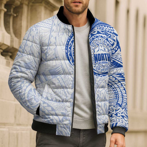 Personalized North Melbourne Kangaroos Polynesian Bomber Puffer Jacket Tribal Chest and Sleeve Tattoo Heritage Warrior