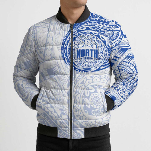 Personalized North Melbourne Kangaroos Polynesian Bomber Puffer Jacket Tribal Chest and Sleeve Tattoo Heritage Warrior