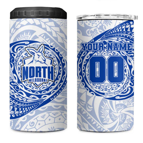 Personalized North Melbourne Kangaroos Polynesian 4 in 1 Can Cooler Tumbler Tribal Chest and Sleeve Tattoo Heritage Warrior