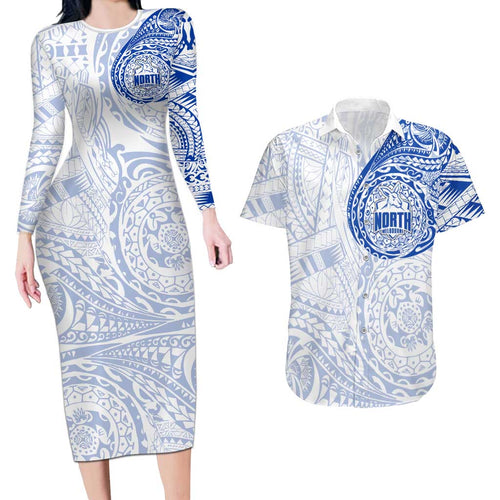 Personalized North Melbourne Kangaroos Polynesian Couples Matching Long Sleeve Bodycon Dress and Hawaiian Shirt Tribal Chest and Sleeve Tattoo Heritage Warrior