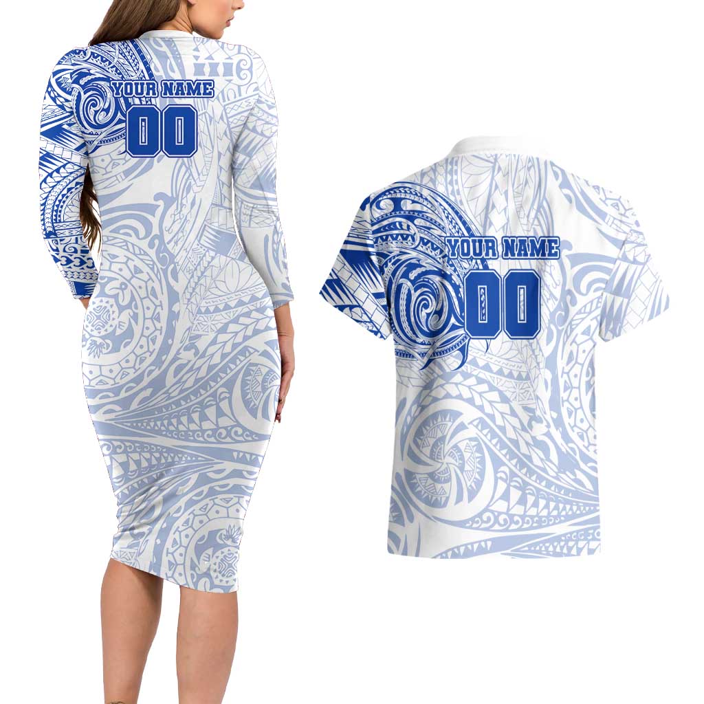 Personalized North Melbourne Kangaroos Polynesian Couples Matching Long Sleeve Bodycon Dress and Hawaiian Shirt Tribal Chest and Sleeve Tattoo Heritage Warrior