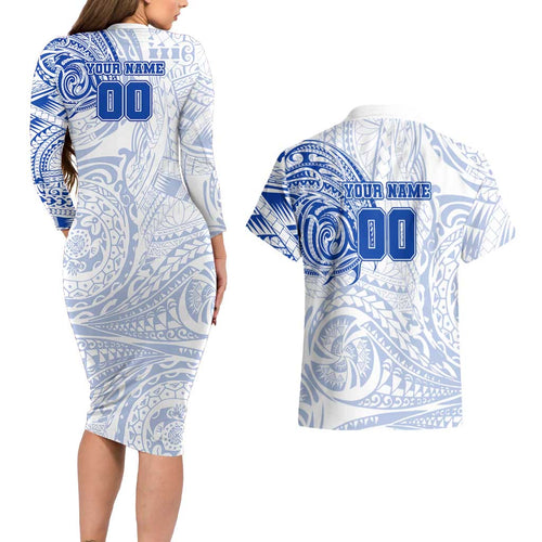 Personalized North Melbourne Kangaroos Polynesian Couples Matching Long Sleeve Bodycon Dress and Hawaiian Shirt Tribal Chest and Sleeve Tattoo Heritage Warrior