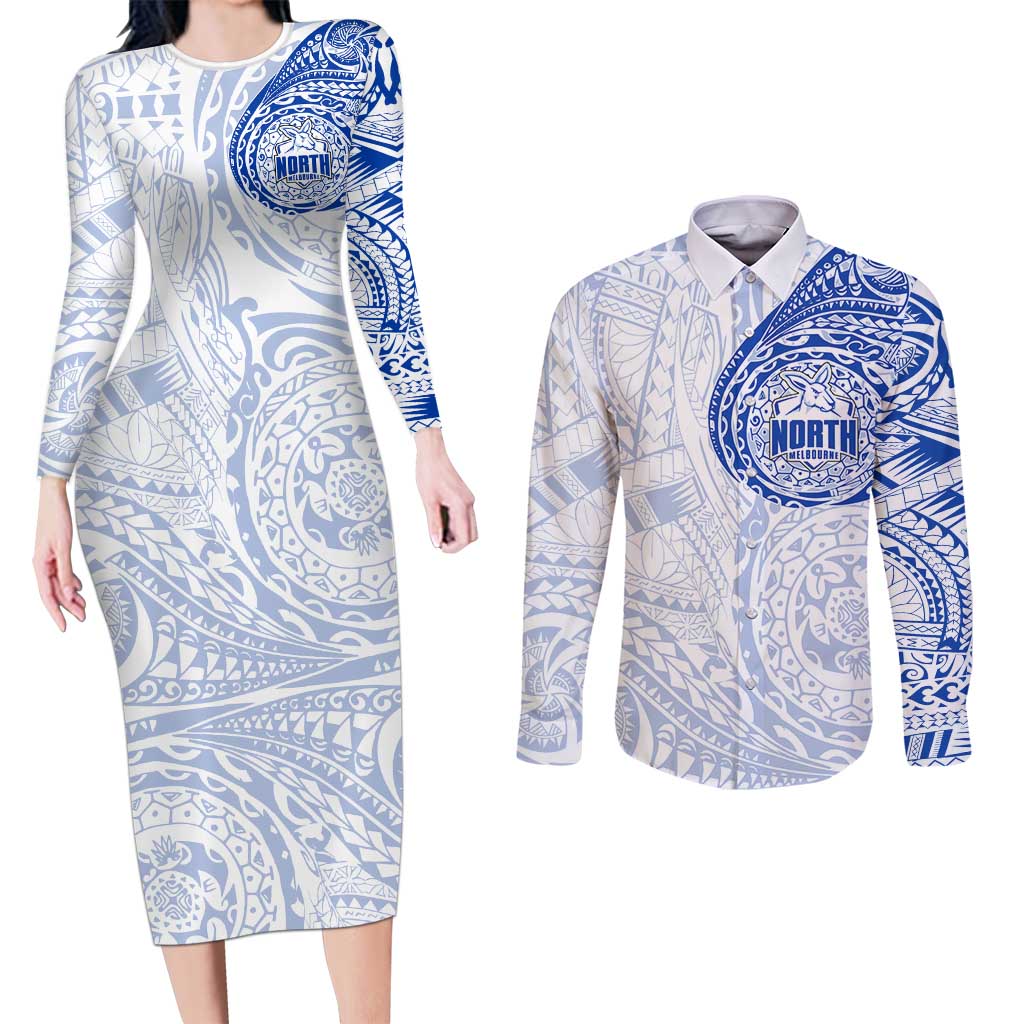 Personalized North Melbourne Kangaroos Polynesian Couples Matching Long Sleeve Bodycon Dress and Long Sleeve Button Shirt Tribal Chest and Sleeve Tattoo Heritage Warrior