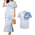 Personalized North Melbourne Kangaroos Polynesian Couples Matching Mermaid Dress and Hawaiian Shirt Tribal Chest and Sleeve Tattoo Heritage Warrior