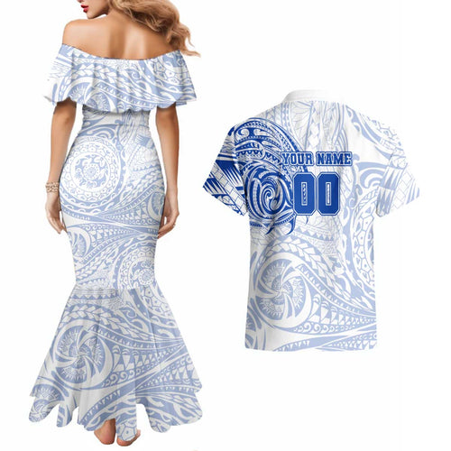 Personalized North Melbourne Kangaroos Polynesian Couples Matching Mermaid Dress and Hawaiian Shirt Tribal Chest and Sleeve Tattoo Heritage Warrior