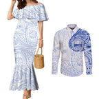 Personalized North Melbourne Kangaroos Polynesian Couples Matching Mermaid Dress and Long Sleeve Button Shirt Tribal Chest and Sleeve Tattoo Heritage Warrior