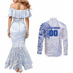 Personalized North Melbourne Kangaroos Polynesian Couples Matching Mermaid Dress and Long Sleeve Button Shirt Tribal Chest and Sleeve Tattoo Heritage Warrior