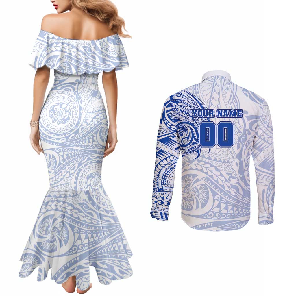 Personalized North Melbourne Kangaroos Polynesian Couples Matching Mermaid Dress and Long Sleeve Button Shirt Tribal Chest and Sleeve Tattoo Heritage Warrior