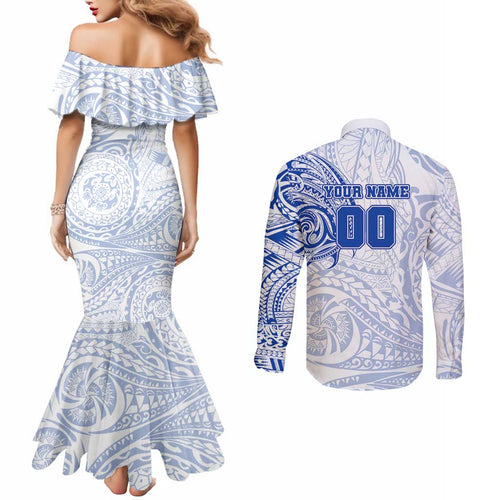 Personalized North Melbourne Kangaroos Polynesian Couples Matching Mermaid Dress and Long Sleeve Button Shirt Tribal Chest and Sleeve Tattoo Heritage Warrior