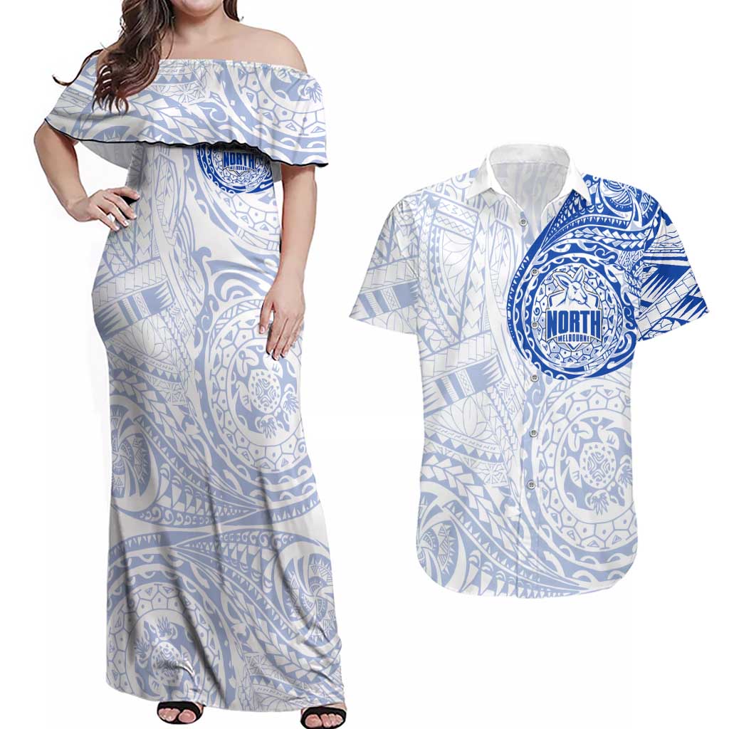 Personalized North Melbourne Kangaroos Polynesian Couples Matching Off Shoulder Maxi Dress and Hawaiian Shirt Tribal Chest and Sleeve Tattoo Heritage Warrior