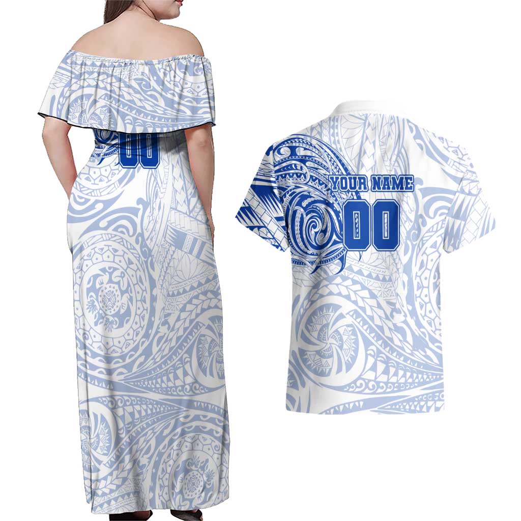 Personalized North Melbourne Kangaroos Polynesian Couples Matching Off Shoulder Maxi Dress and Hawaiian Shirt Tribal Chest and Sleeve Tattoo Heritage Warrior