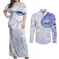 Personalized North Melbourne Kangaroos Polynesian Couples Matching Off Shoulder Maxi Dress and Long Sleeve Button Shirt Tribal Chest and Sleeve Tattoo Heritage Warrior