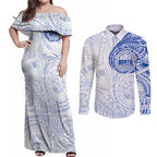 Personalized North Melbourne Kangaroos Polynesian Couples Matching Off Shoulder Maxi Dress and Long Sleeve Button Shirt Tribal Chest and Sleeve Tattoo Heritage Warrior