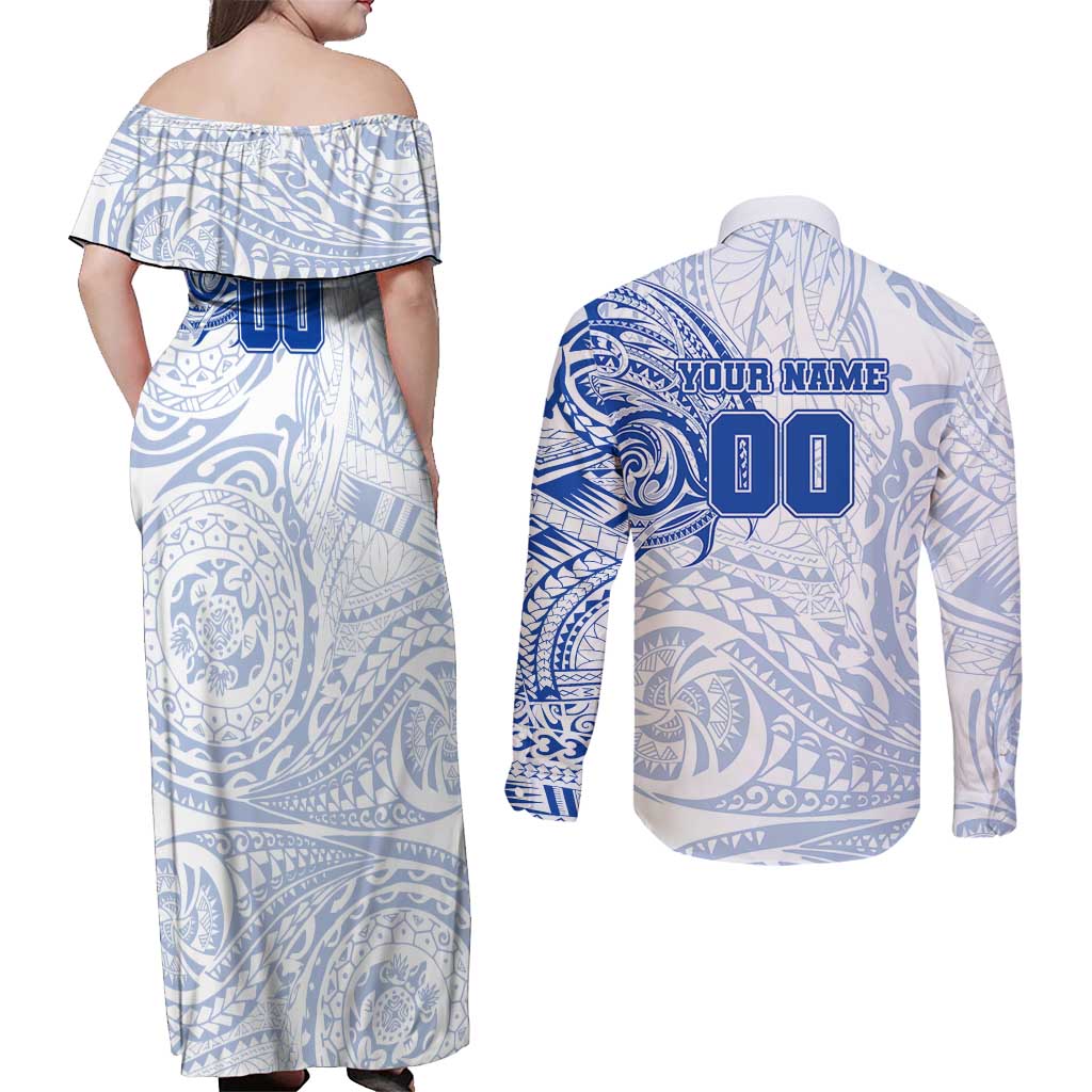 Personalized North Melbourne Kangaroos Polynesian Couples Matching Off Shoulder Maxi Dress and Long Sleeve Button Shirt Tribal Chest and Sleeve Tattoo Heritage Warrior