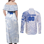 Personalized North Melbourne Kangaroos Polynesian Couples Matching Off Shoulder Maxi Dress and Long Sleeve Button Shirt Tribal Chest and Sleeve Tattoo Heritage Warrior