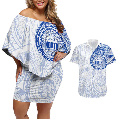 Personalized North Melbourne Kangaroos Polynesian Couples Matching Off Shoulder Short Dress and Hawaiian Shirt Tribal Chest and Sleeve Tattoo Heritage Warrior
