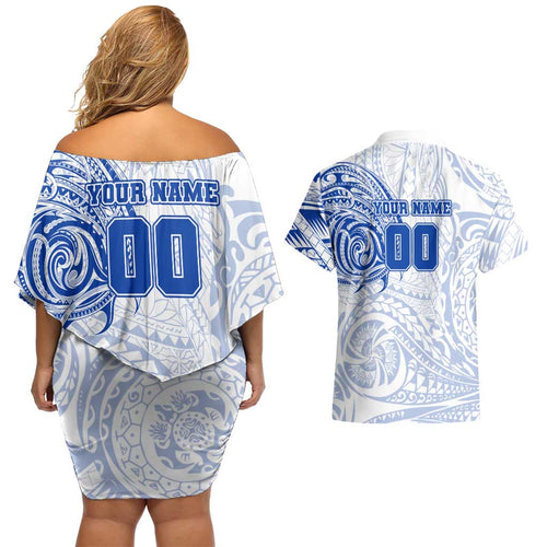 Personalized North Melbourne Kangaroos Polynesian Couples Matching Off Shoulder Short Dress and Hawaiian Shirt Tribal Chest and Sleeve Tattoo Heritage Warrior