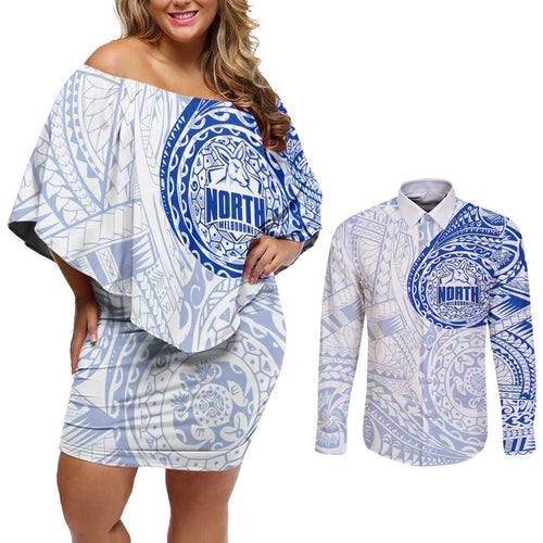 Personalized North Melbourne Kangaroos Polynesian Couples Matching Off Shoulder Short Dress and Long Sleeve Button Shirt Tribal Chest and Sleeve Tattoo Heritage Warrior