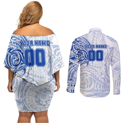Personalized North Melbourne Kangaroos Polynesian Couples Matching Off Shoulder Short Dress and Long Sleeve Button Shirt Tribal Chest and Sleeve Tattoo Heritage Warrior