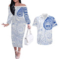 Personalized North Melbourne Kangaroos Polynesian Couples Matching Off The Shoulder Long Sleeve Dress and Hawaiian Shirt Tribal Chest and Sleeve Tattoo Heritage Warrior