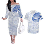 Personalized North Melbourne Kangaroos Polynesian Couples Matching Off The Shoulder Long Sleeve Dress and Hawaiian Shirt Tribal Chest and Sleeve Tattoo Heritage Warrior
