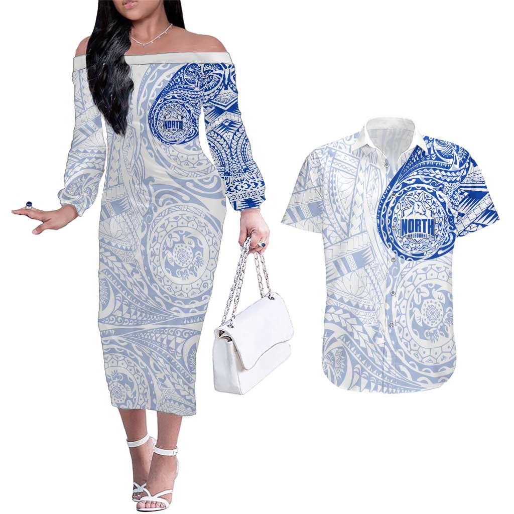 Personalized North Melbourne Kangaroos Polynesian Couples Matching Off The Shoulder Long Sleeve Dress and Hawaiian Shirt Tribal Chest and Sleeve Tattoo Heritage Warrior
