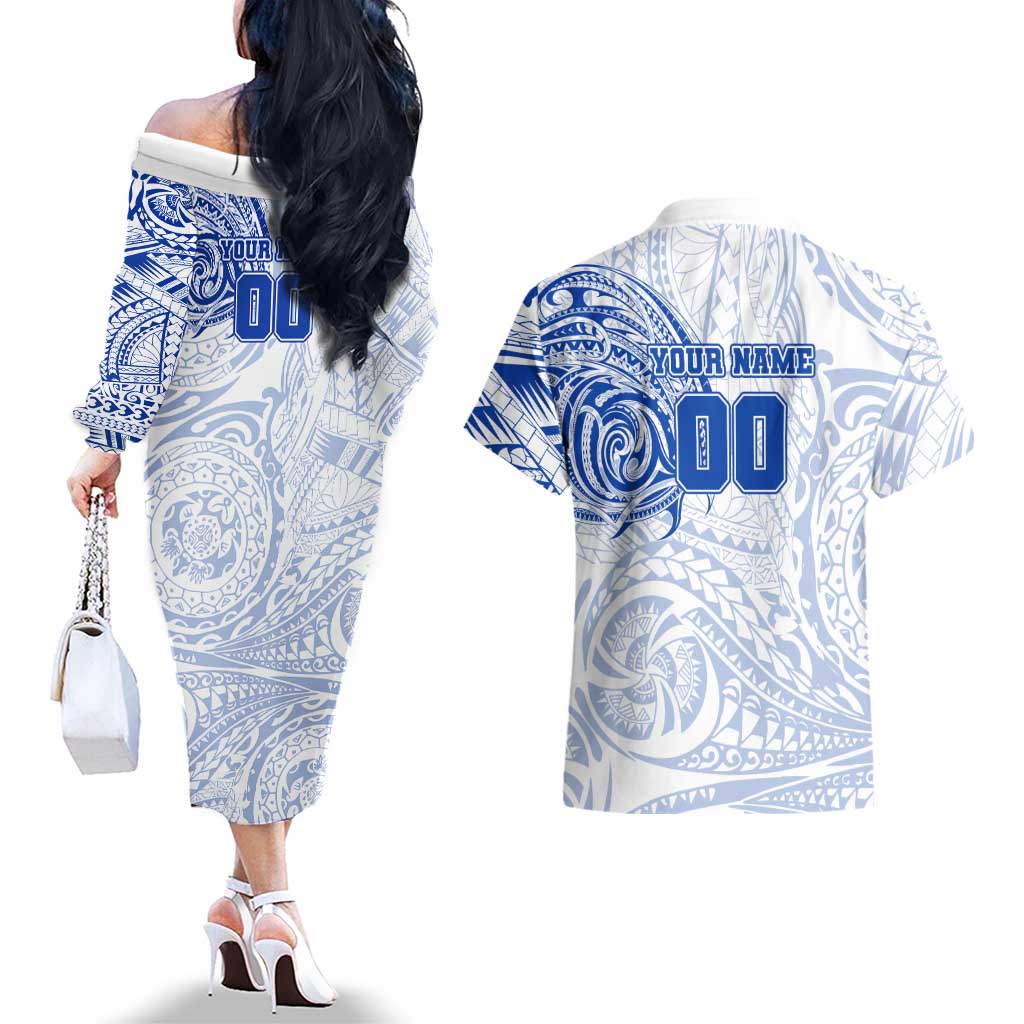 Personalized North Melbourne Kangaroos Polynesian Couples Matching Off The Shoulder Long Sleeve Dress and Hawaiian Shirt Tribal Chest and Sleeve Tattoo Heritage Warrior