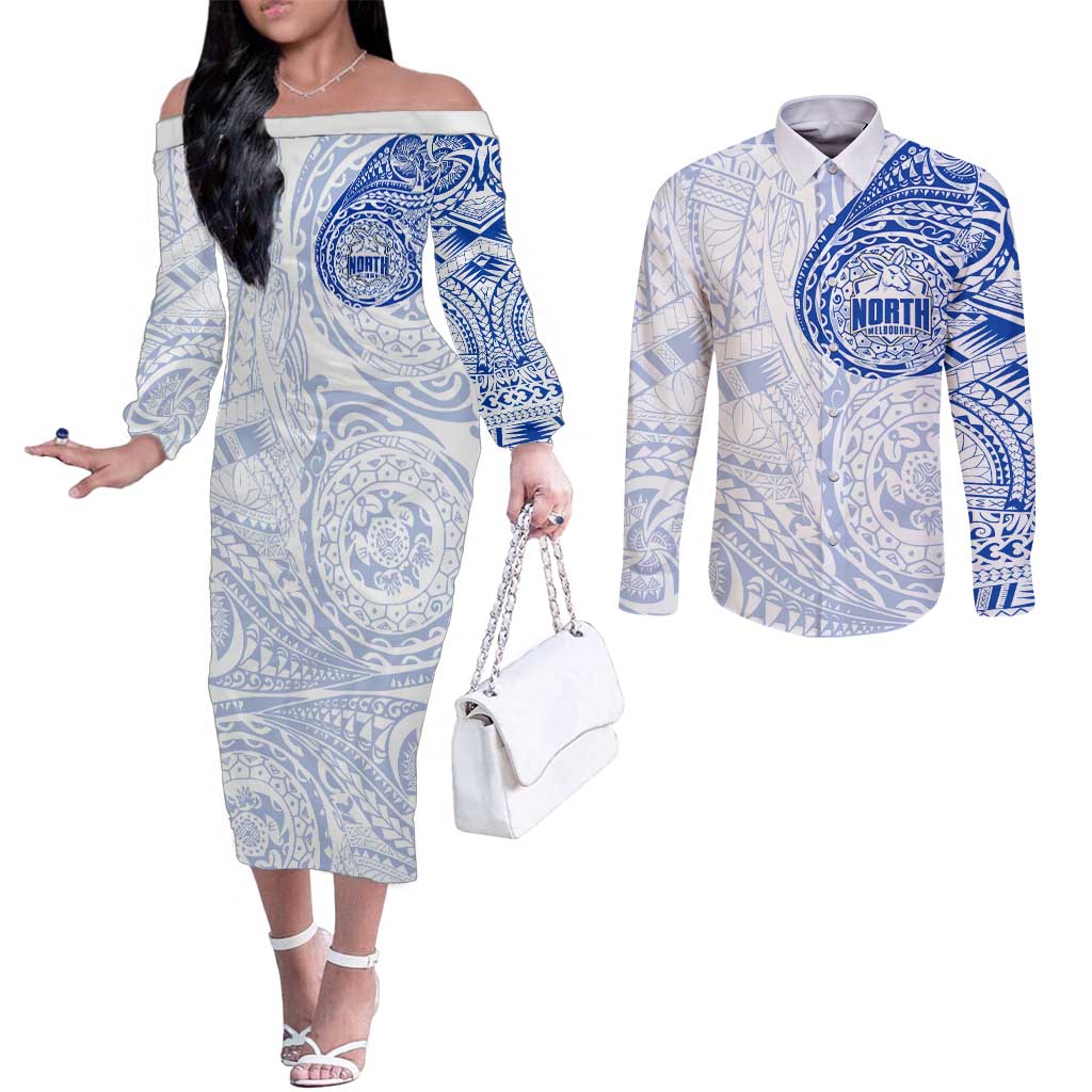 Personalized North Melbourne Kangaroos Polynesian Couples Matching Off The Shoulder Long Sleeve Dress and Long Sleeve Button Shirt Tribal Chest and Sleeve Tattoo Heritage Warrior