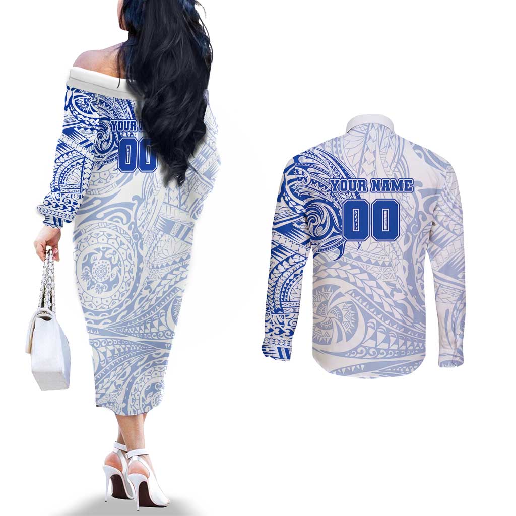 Personalized North Melbourne Kangaroos Polynesian Couples Matching Off The Shoulder Long Sleeve Dress and Long Sleeve Button Shirt Tribal Chest and Sleeve Tattoo Heritage Warrior