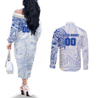 Personalized North Melbourne Kangaroos Polynesian Couples Matching Off The Shoulder Long Sleeve Dress and Long Sleeve Button Shirt Tribal Chest and Sleeve Tattoo Heritage Warrior