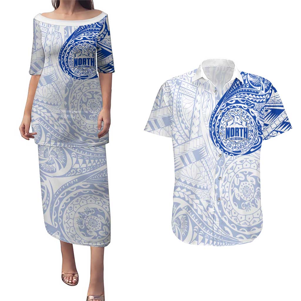Personalized North Melbourne Kangaroos Polynesian Couples Matching Puletasi and Hawaiian Shirt Tribal Chest and Sleeve Tattoo Heritage Warrior