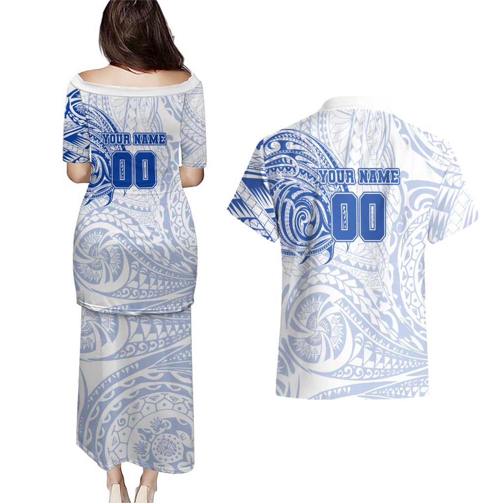 Personalized North Melbourne Kangaroos Polynesian Couples Matching Puletasi and Hawaiian Shirt Tribal Chest and Sleeve Tattoo Heritage Warrior