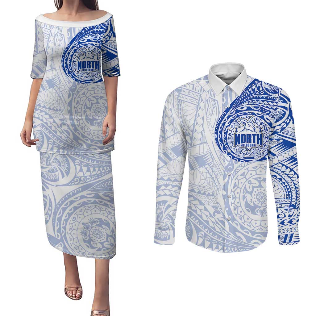 Personalized North Melbourne Kangaroos Polynesian Couples Matching Puletasi and Long Sleeve Button Shirt Tribal Chest and Sleeve Tattoo Heritage Warrior