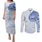 Personalized North Melbourne Kangaroos Polynesian Couples Matching Puletasi and Long Sleeve Button Shirt Tribal Chest and Sleeve Tattoo Heritage Warrior