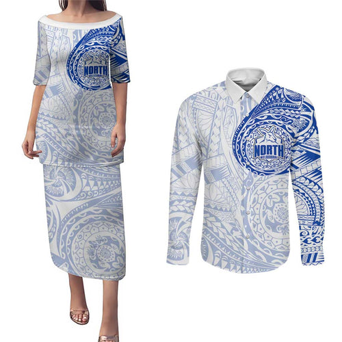 Personalized North Melbourne Kangaroos Polynesian Couples Matching Puletasi and Long Sleeve Button Shirt Tribal Chest and Sleeve Tattoo Heritage Warrior