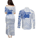 Personalized North Melbourne Kangaroos Polynesian Couples Matching Puletasi and Long Sleeve Button Shirt Tribal Chest and Sleeve Tattoo Heritage Warrior