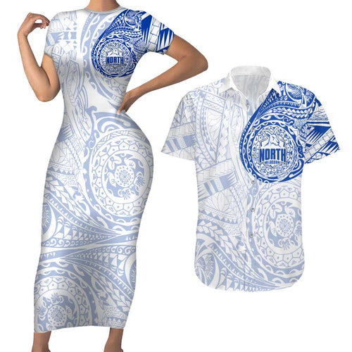 Personalized North Melbourne Kangaroos Polynesian Couples Matching Short Sleeve Bodycon Dress and Hawaiian Shirt Tribal Chest and Sleeve Tattoo Heritage Warrior