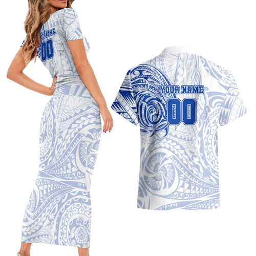 Personalized North Melbourne Kangaroos Polynesian Couples Matching Short Sleeve Bodycon Dress and Hawaiian Shirt Tribal Chest and Sleeve Tattoo Heritage Warrior