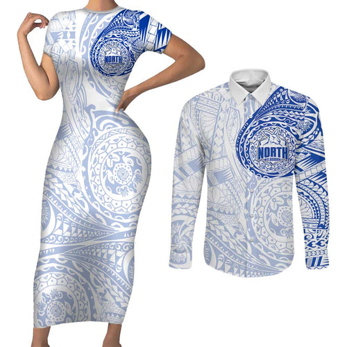 Personalized North Melbourne Kangaroos Polynesian Couples Matching Short Sleeve Bodycon Dress and Long Sleeve Button Shirt Tribal Chest and Sleeve Tattoo Heritage Warrior