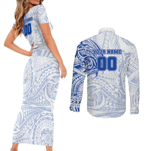 Personalized North Melbourne Kangaroos Polynesian Couples Matching Short Sleeve Bodycon Dress and Long Sleeve Button Shirt Tribal Chest and Sleeve Tattoo Heritage Warrior