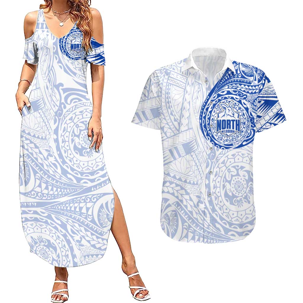 Personalized North Melbourne Kangaroos Polynesian Couples Matching Summer Maxi Dress and Hawaiian Shirt Tribal Chest and Sleeve Tattoo Heritage Warrior
