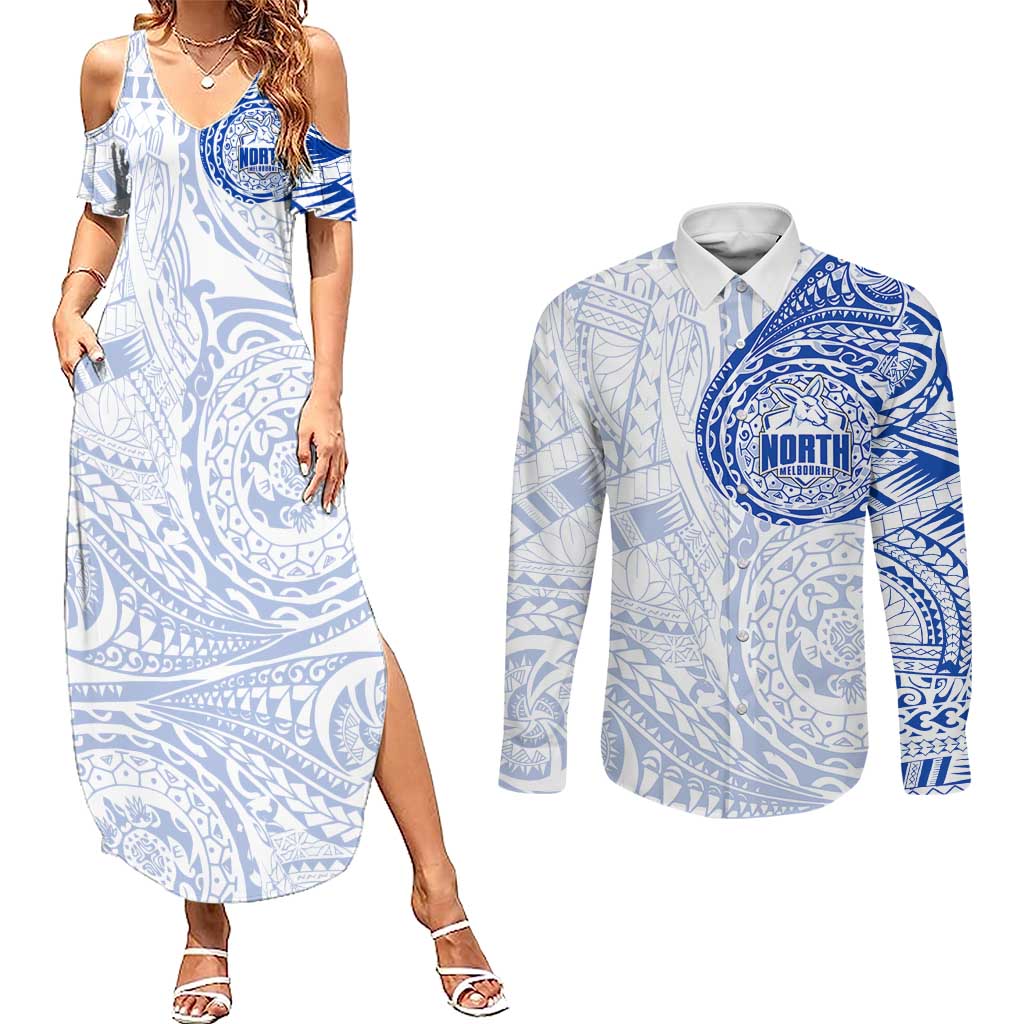 Personalized North Melbourne Kangaroos Polynesian Couples Matching Summer Maxi Dress and Long Sleeve Button Shirt Tribal Chest and Sleeve Tattoo Heritage Warrior