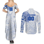 Personalized North Melbourne Kangaroos Polynesian Couples Matching Summer Maxi Dress and Long Sleeve Button Shirt Tribal Chest and Sleeve Tattoo Heritage Warrior