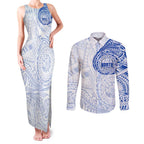 Personalized North Melbourne Kangaroos Polynesian Couples Matching Tank Maxi Dress and Long Sleeve Button Shirt Tribal Chest and Sleeve Tattoo Heritage Warrior
