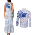 Personalized North Melbourne Kangaroos Polynesian Couples Matching Tank Maxi Dress and Long Sleeve Button Shirt Tribal Chest and Sleeve Tattoo Heritage Warrior