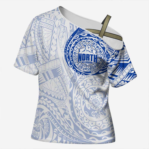 Personalized North Melbourne Kangaroos Polynesian Cross Shoulder Shirt Tribal Chest and Sleeve Tattoo Heritage Warrior