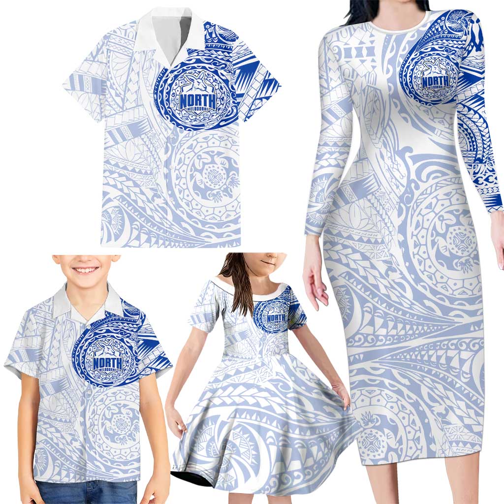 Personalized North Melbourne Kangaroos Polynesian Family Matching Long Sleeve Bodycon Dress and Hawaiian Shirt Tribal Chest and Sleeve Tattoo Heritage Warrior